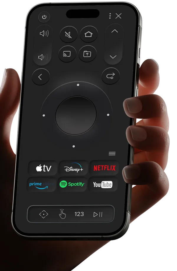 The +TV remote screen with volume and channel keys, a d-pad, streaming app shortcuts and the mode switcher