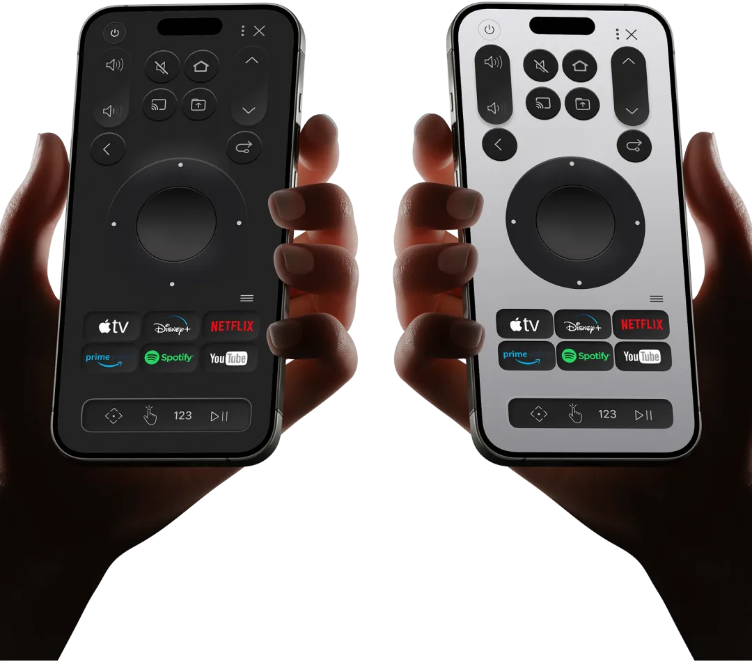 Two phones running the +TV remote, one in dark mode and one in light mode